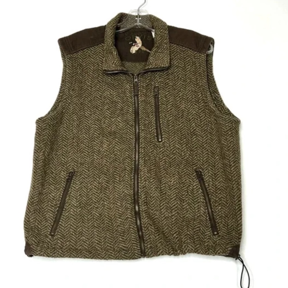 Orvis Herringbone Full Zip Vest Brown Mens Large Outdoor Hunting Travel